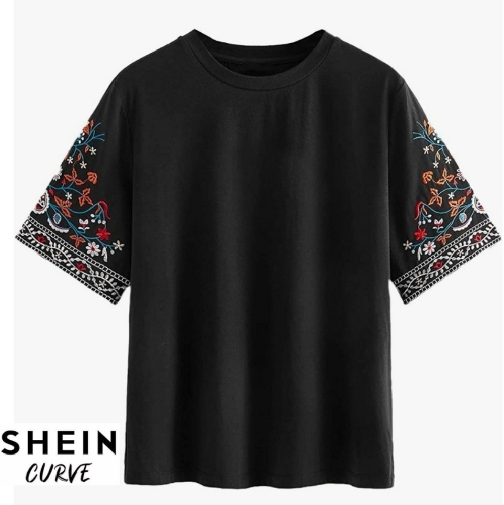 SHEIN Black Short Sleeve Tee with Multicolor Embroidered Sleeves